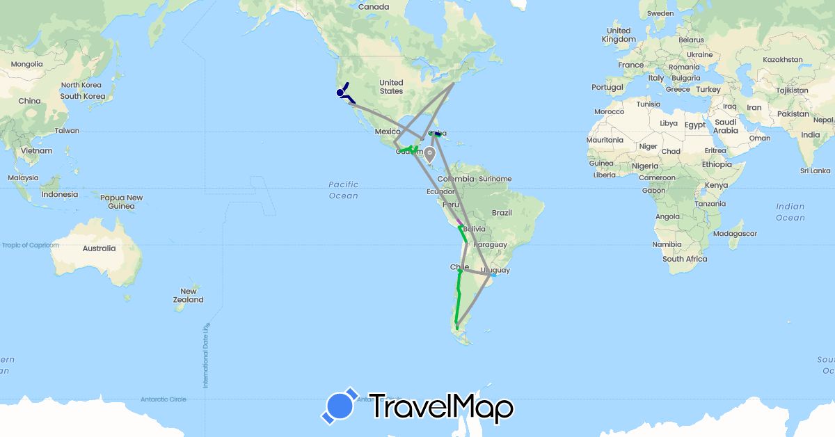 TravelMap itinerary: driving, bus, plane, train, hiking, boat in Argentina, Chile, Costa Rica, Cuba, Guatemala, Mexico, Peru, United States, Uruguay (North America, South America)